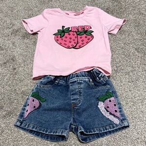 Pink Strawberry T-Shirt and Denim Shorts Set